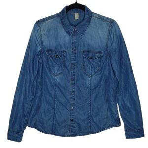 G Star Raw Women's Medium Tacoma Straight Shirt Denim Chambray Snap Lyocell Blue